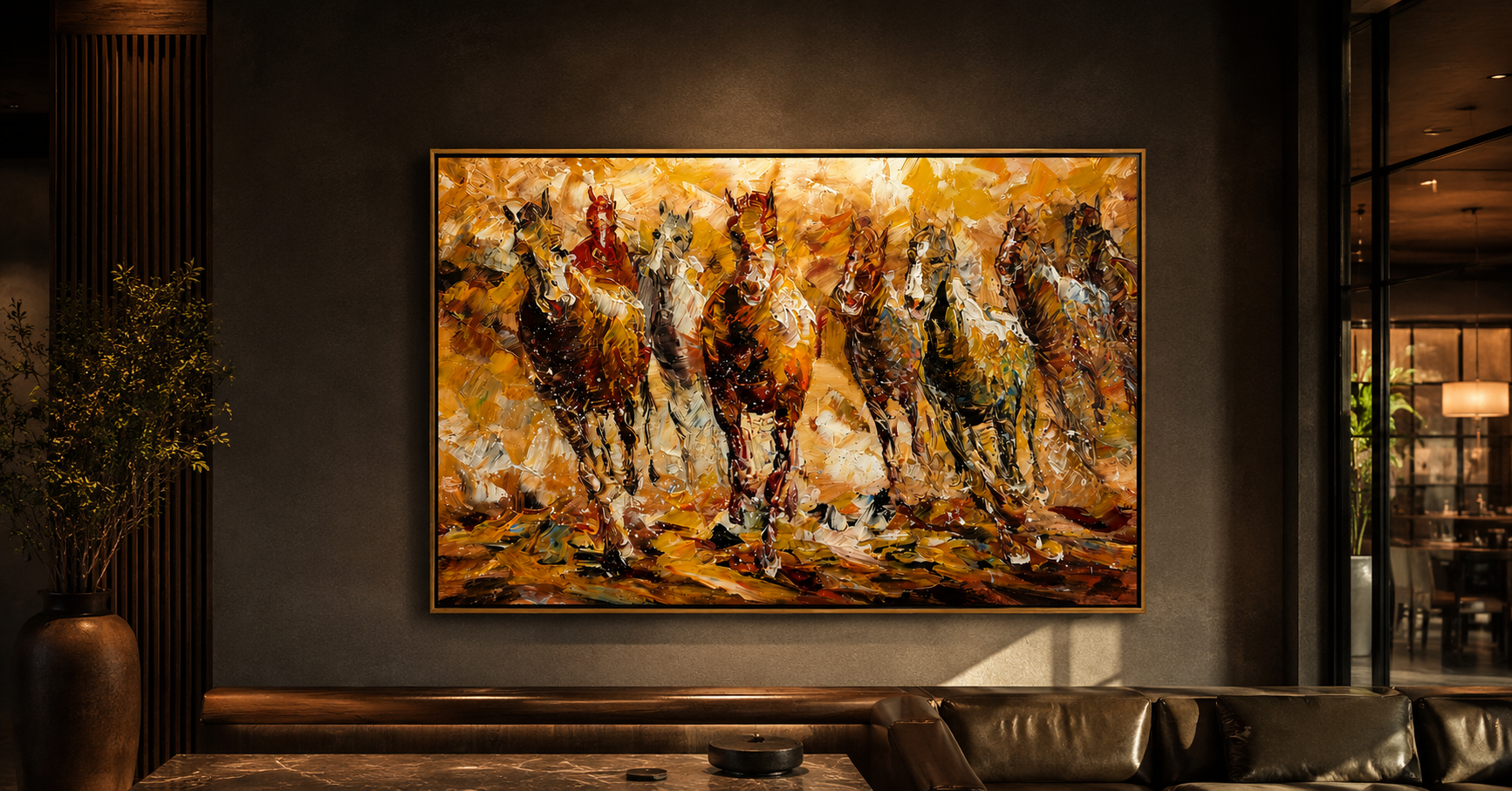 "Golden Gallop" - Colorful Impasto Horse Herd Painting | Brown Gold & White Equestrian Wall Art