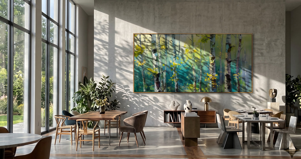 "Birch Light" - Colorful Birch Forest Painting | Green Blue & Yellow Woodland Wall Art