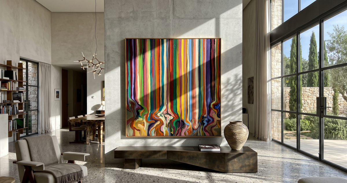 "Drifted Spectrum" - Colorful Vertical Stripe Abstract | Multicolor Square Drip Wall Art