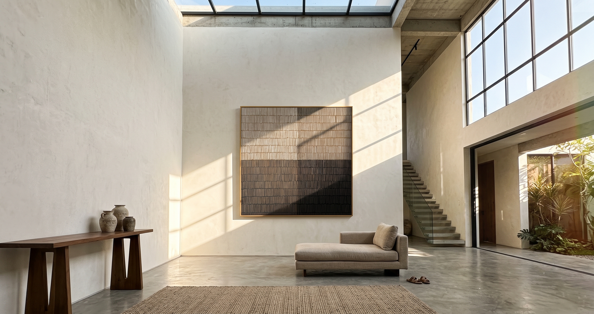 "Measured Silence" - 3D Minimalist Plaster Grid Relief | Beige Grey & Black Square Textured Art