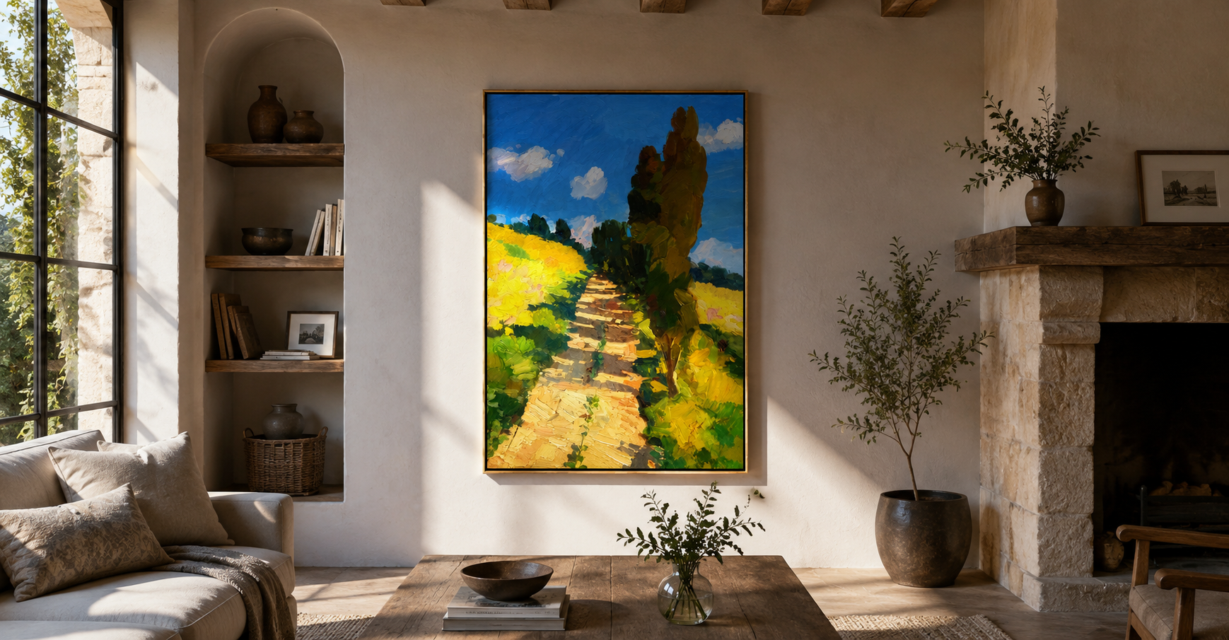 "Sunlit Path" - Yellow Field & Cypress Impasto Landscape | Blue Green Vertical Wall Art