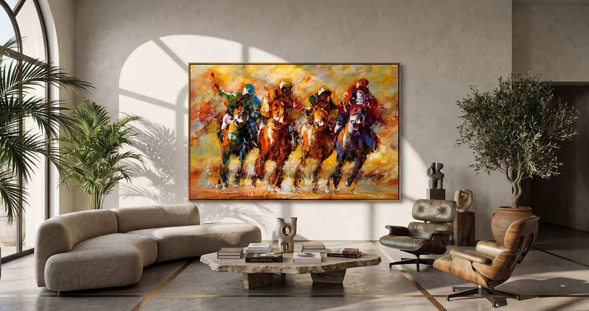 "Copper Gallop" - Golden Horse Riders Painting | Gold Brown Orange Horizontal Animal Wall Art