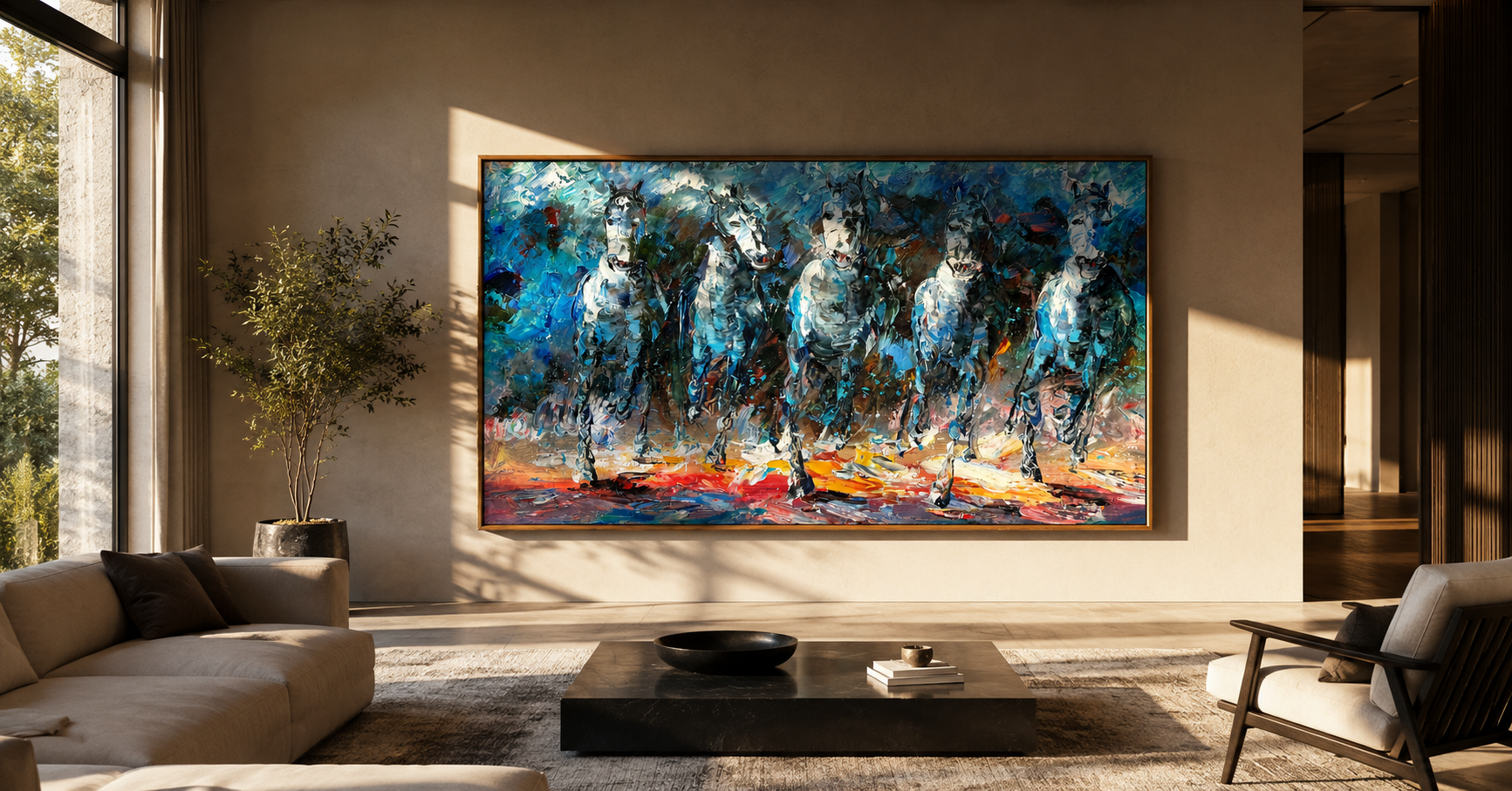 "Blue Procession" - Textured White Horse Herd Painting | Blue Black & Red Horizontal Equestrian Art