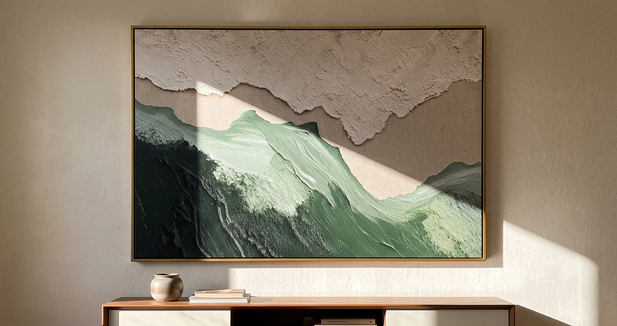 "Sage Ridge" - 3D Wabi-Sabi Mountain Relief | Green Beige & White Textured Landscape Art