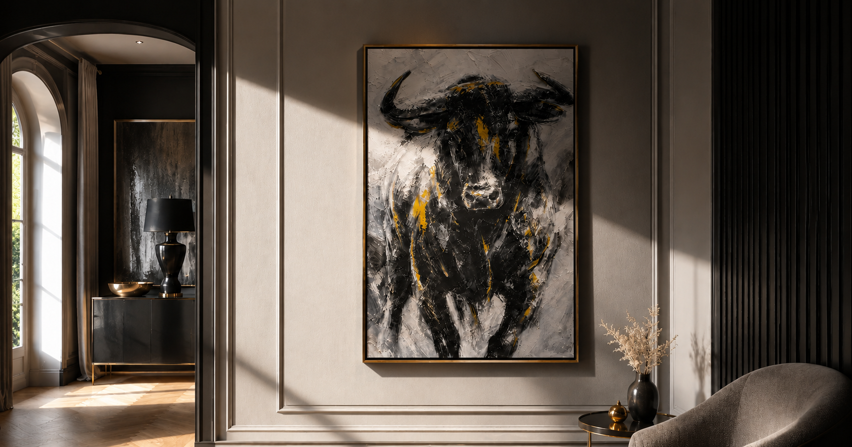 "Iron Buffalo" - Black White & Gold Textured Buffalo Portrait | Vertical Animal Wall Art
