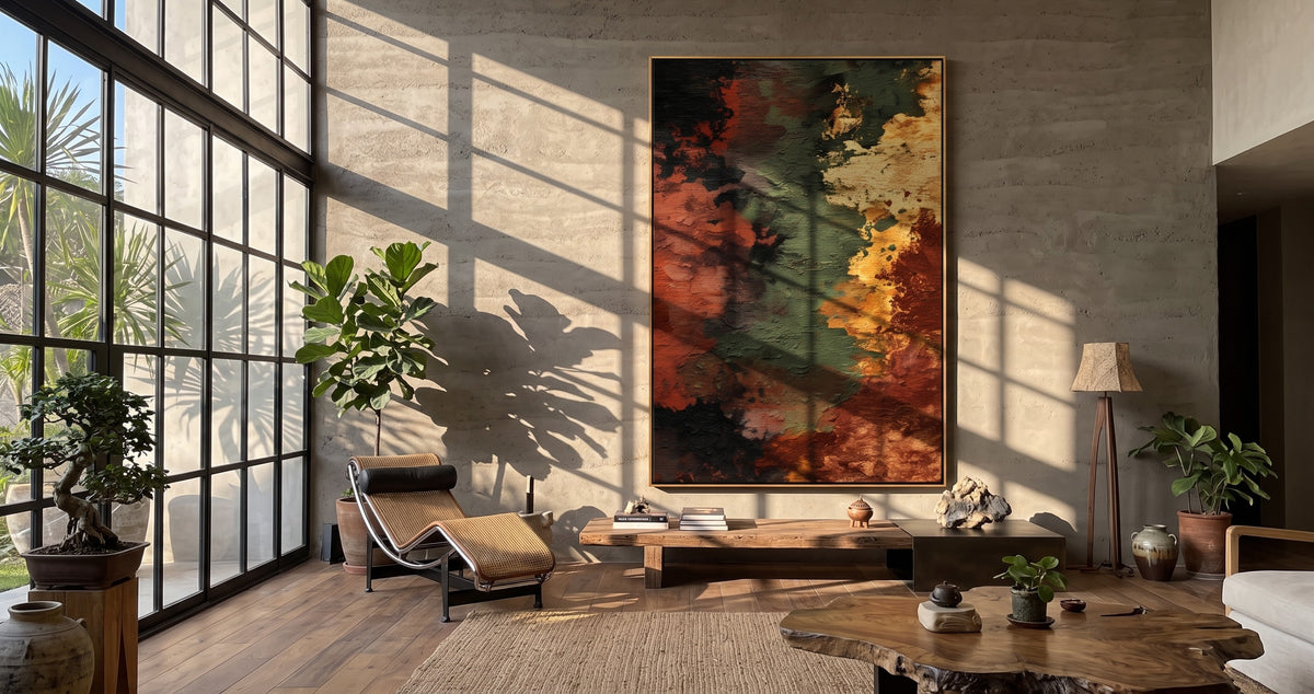 "Ember Fault" - Earth Tone Abstract Texture Painting | Rust Green & Gold Vertical Wall Art