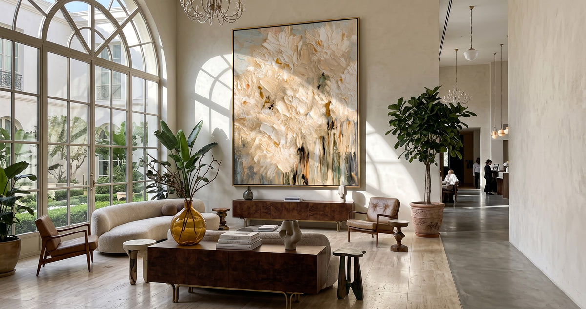 "Ivory Bloomfall" - White Impasto Floral Painting | Beige Textured Vertical Flower Wall Art