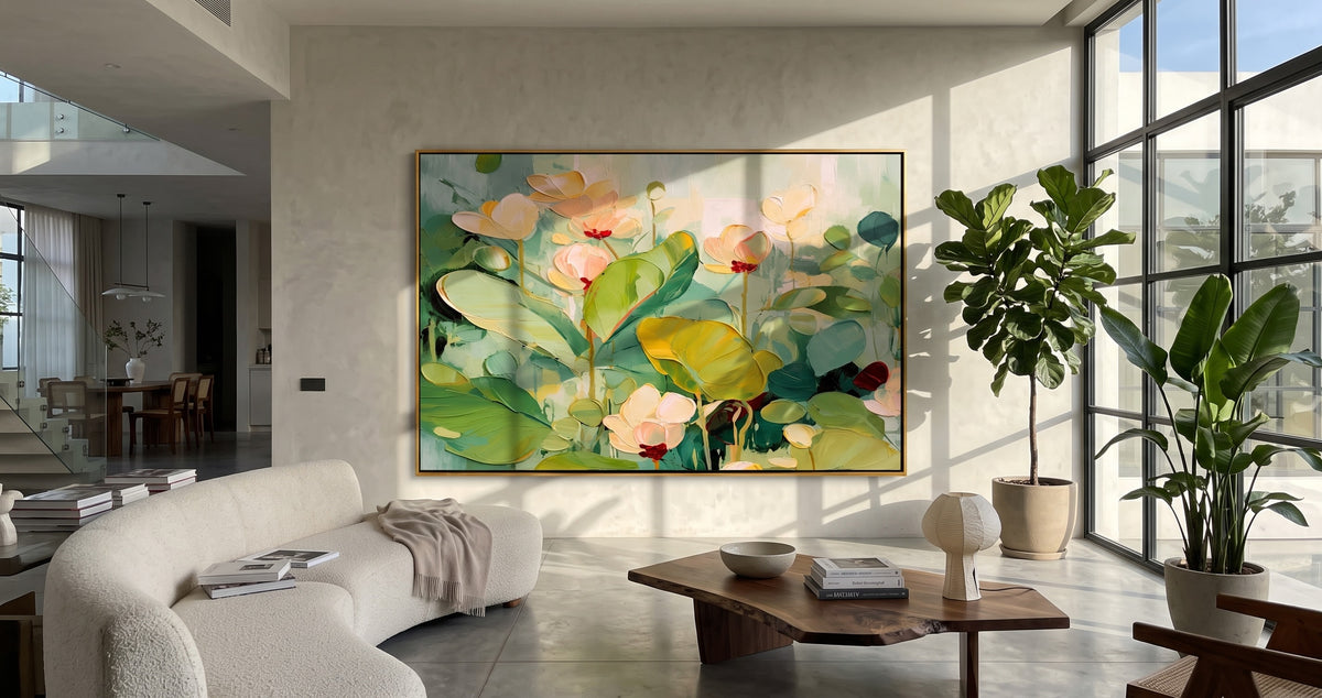 "Lotus Morning" - Soft Floral Water Lily Painting | Green White & Pink Botanical Wall Art