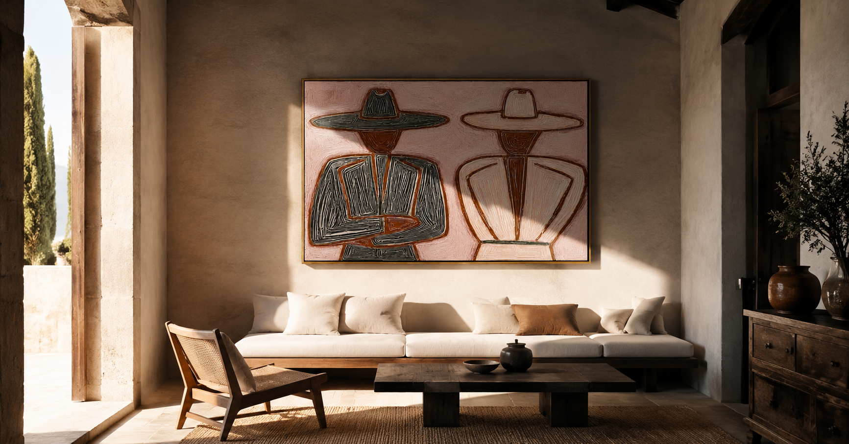 "Two Hats" - Textured Minimalist Figurative Painting | Black Brown & Blush Horizontal Wall Art