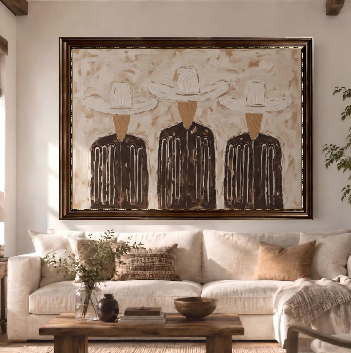 "Trinity in Linen" - Modern Heavy Impasto Abstract Artwork | Black & Golden Palette Knife Painting | Luxury Horizontal Wall Art #YK 1588