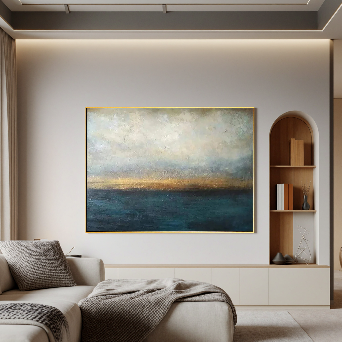 "Golden Dusk" - Atmospheric Impasto Seascape | Teal & Gold Moody Sunset Statement Art