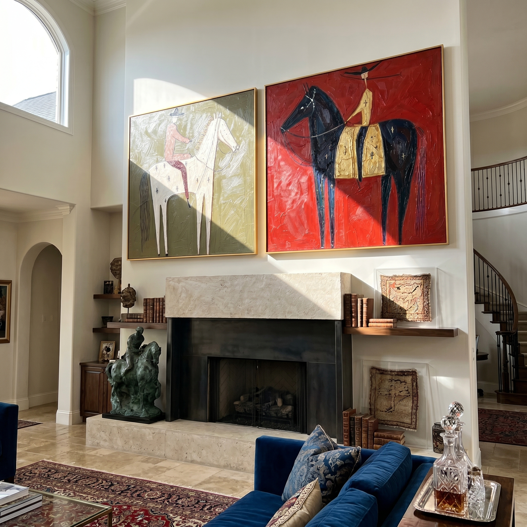 "Whispers Across the Red Plain" — 3D Textured Abstract Western Rider Wall Art Set | Olive & Crimson Framed Diptych#VA617