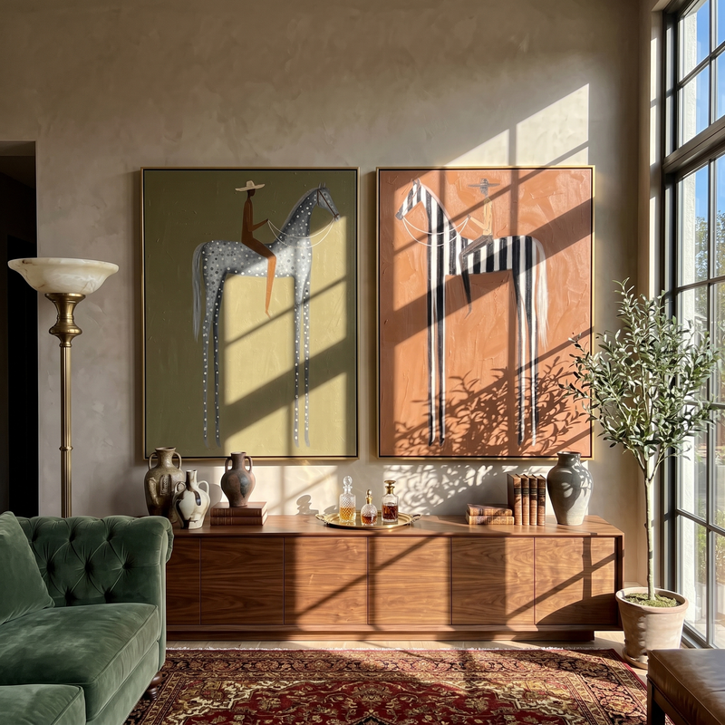 "Spots, Stripes, and Stillness" — 3D Textured Abstract Western Rider Wall Art Set | Olive & Terracotta Framed Diptych#VA619