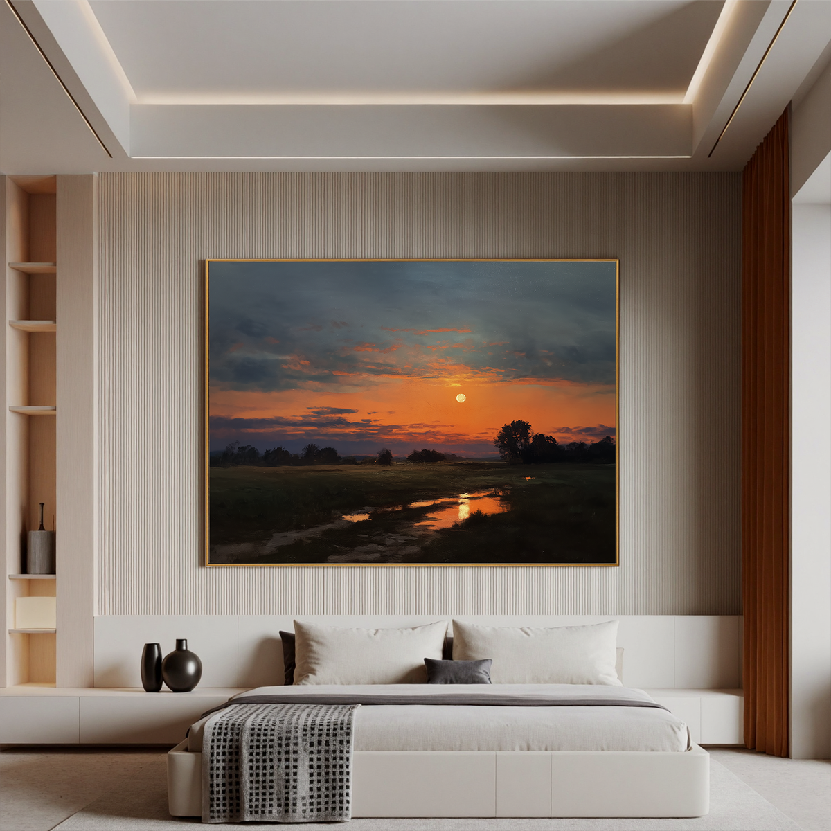 "Harvest Moon Rising" - Impressionist Sunset Landscape | Dramatic Orange & Midnight Statement Art