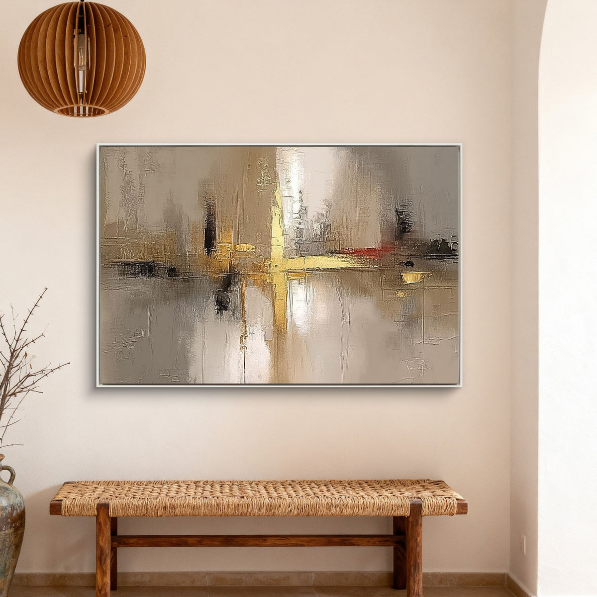 "Wheat Form" - Minimalist Impasto Abstract | Beige & Gold Abstract Art Statement Art