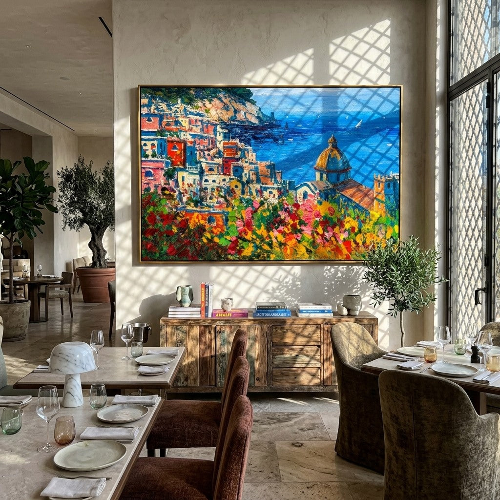 "Amalfi Bloom" - Colorful Mediterranean Coastal Landscape | Blue Sea & Floral Village Wall Art