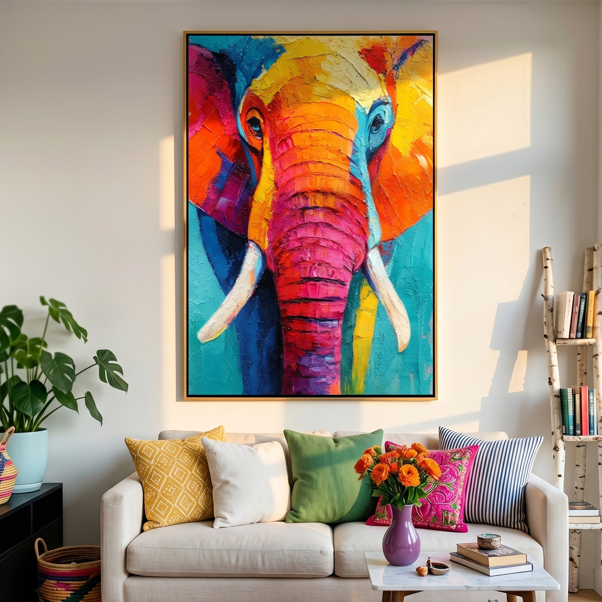"Colorful Pachyderm Spirit" – Expressive Impasto Animal Artwork | Tactile Vibrant Elephant Canvas | Luxury Statement Vertical Wall Art#AN 001