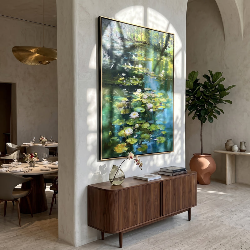 "Lily Water" - Dark Green Water Lily Painting | Green Blue White Vertical Botanical Wall Art