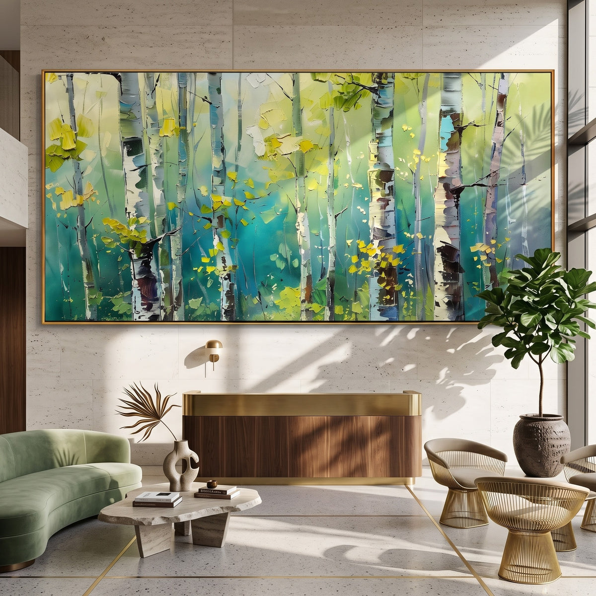 "Birch Light" - Colorful Birch Forest Painting | Green Blue & Yellow Woodland Wall Art