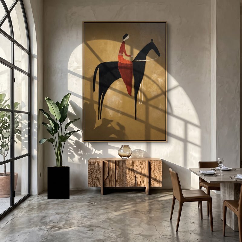 "Rider in Ochre" - Textured Horse and Rider Painting | Brown Orange Black Vertical Animal Wall Art
