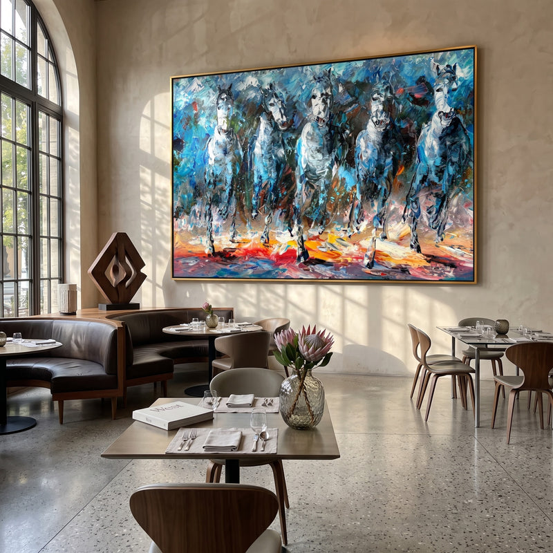"Blue Procession" - Textured White Horse Herd Painting | Blue Black & Red Horizontal Equestrian Art