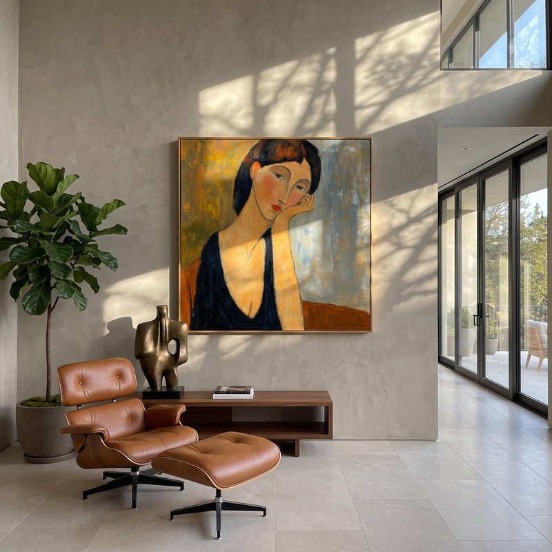 "Quiet Muse" - Muted Figurative Portrait Painting | Beige Brown Pink Vertical Contemporary Figurative Art