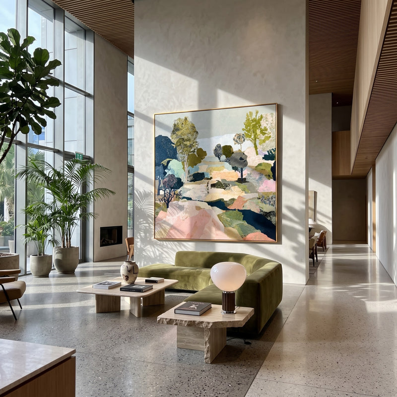 "Olive Geometry" - Muted Geometric Landscape Abstract | Green Pink Beige Square Abstract Painting
