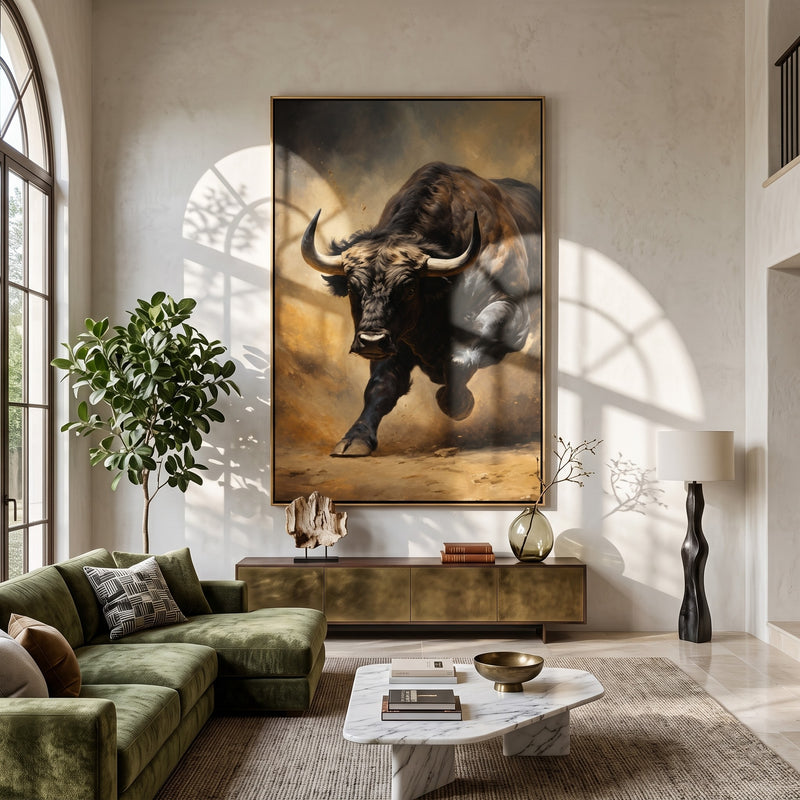 "Oncoming Strength" - Black Buffalo Portrait Painting | Black Brown Grey Vertical Animal Wall Art