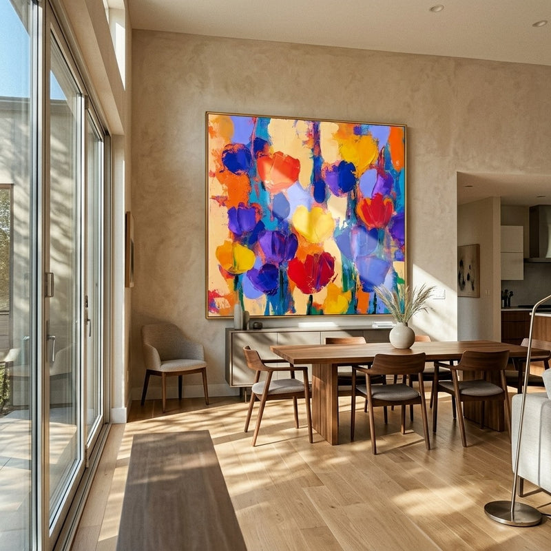 "Confetti Garden" - Colorful Impasto Abstract Painting | Blue Orange Pink Vertical Abstract Painting