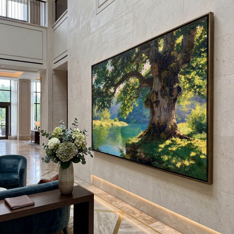 "Old Oak Reflection" - Tree and Lake Landscape Painting | Green Blue Brown Horizontal Landscape Painting