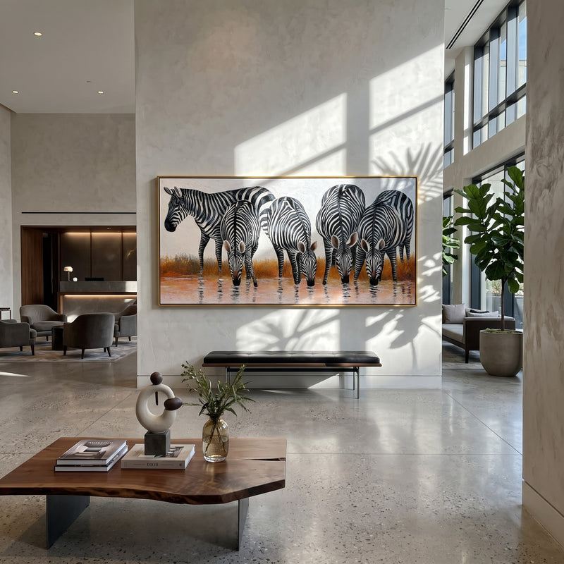 "Zebra Crossing" - Black White Zebra Herd Painting | Black White Brown Horizontal Animal Wall Art