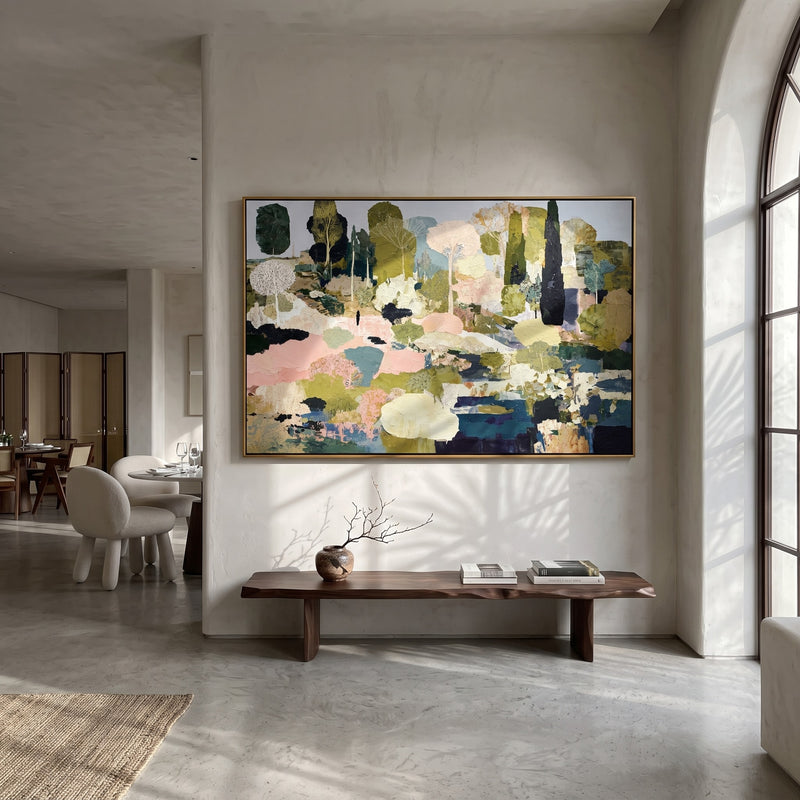 "Olive Garden" - Muted Floral Landscape Painting | Green Pink Beige Horizontal Landscape Painting