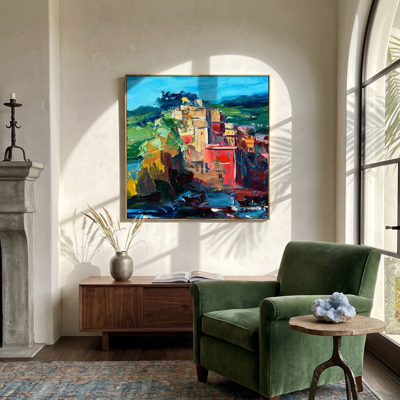 "Coastal Blocks" - Colorful Impasto Village Landscape | Blue Green & Coral Square Wall Art