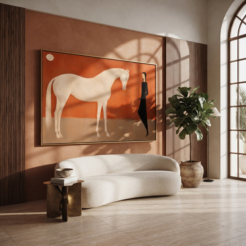 "Moonlit Keeper" - White Horse & Figure Painting | Terracotta Minimalist Figurative Wall Art