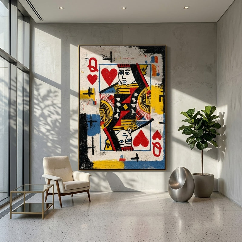 "Queen of Hearts" - Playing Card Figure Painting | Red Black Yellow Vertical Contemporary Figurative Art