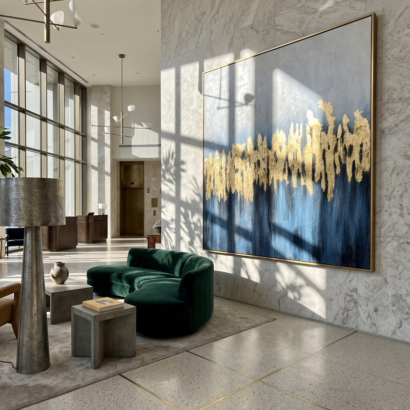 "Golden Reeds" - Gold Blue Textured Abstract | Gold Blue White Vertical Abstract Painting