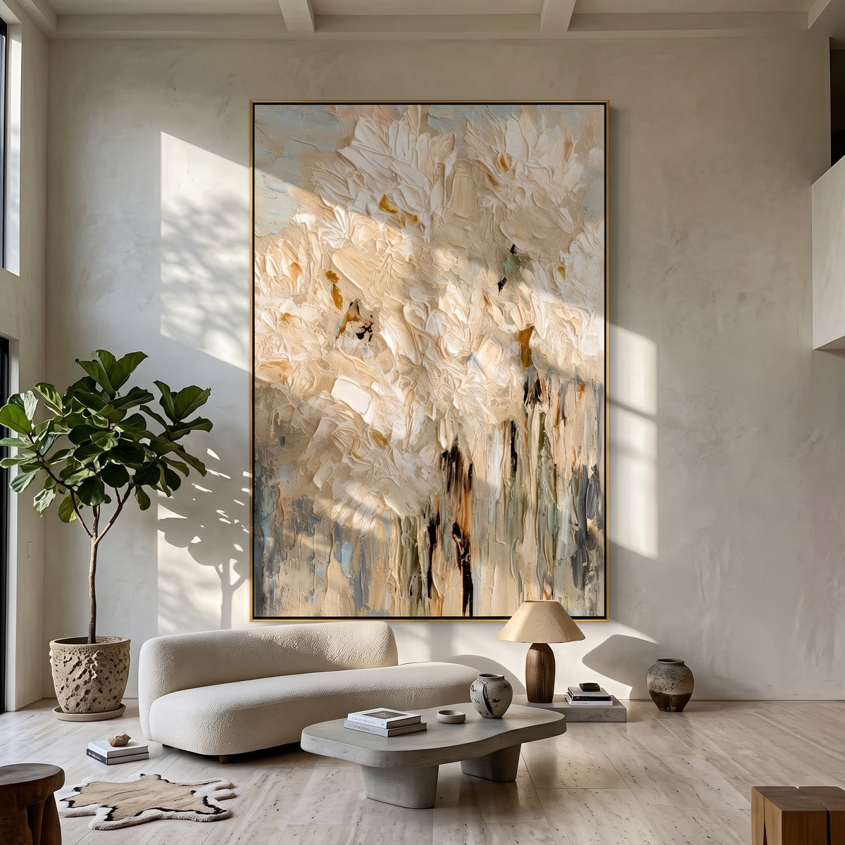 "Ivory Bloomfall" - White Impasto Floral Painting | Beige Textured Vertical Flower Wall Art