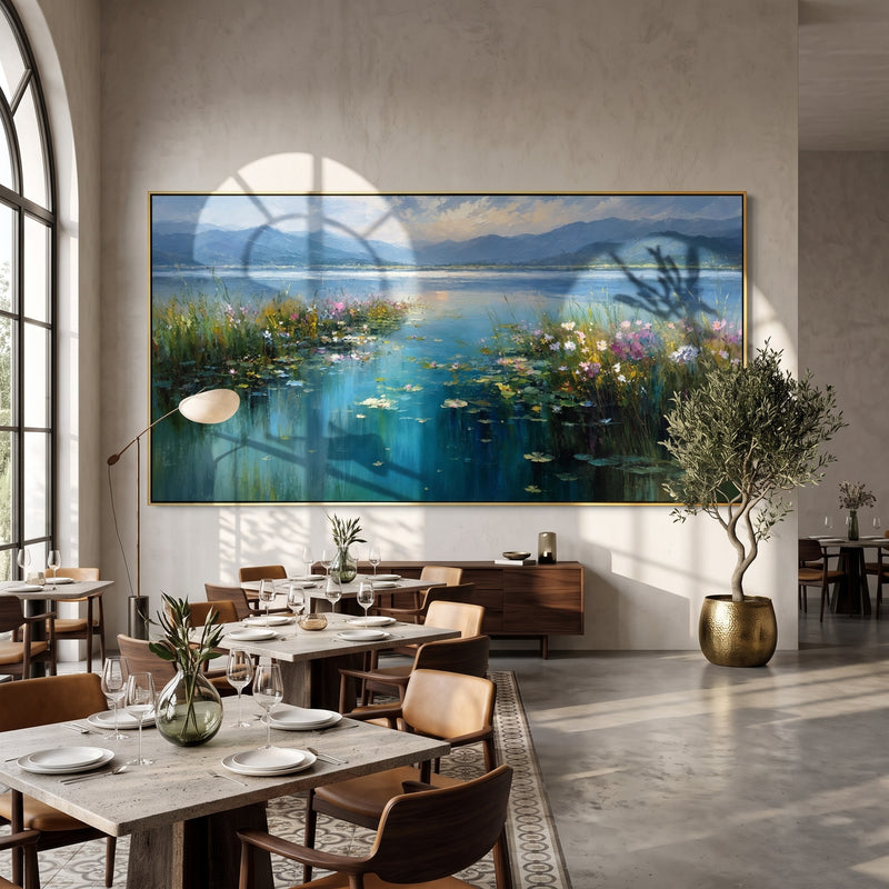 "Lake Meadow" - Blue Lake Wildflower Landscape | Blue Green Pink Horizontal Landscape Painting