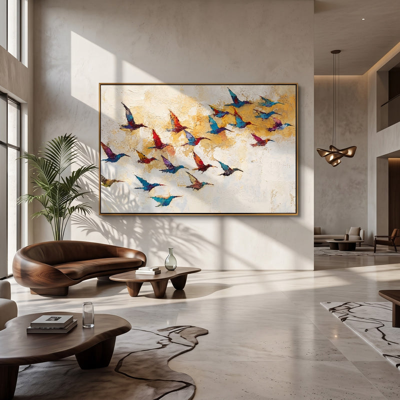 "Flight in Stillness" - Minimalist Birds Landscape Painting | White Grey Blue Horizontal Landscape Painting