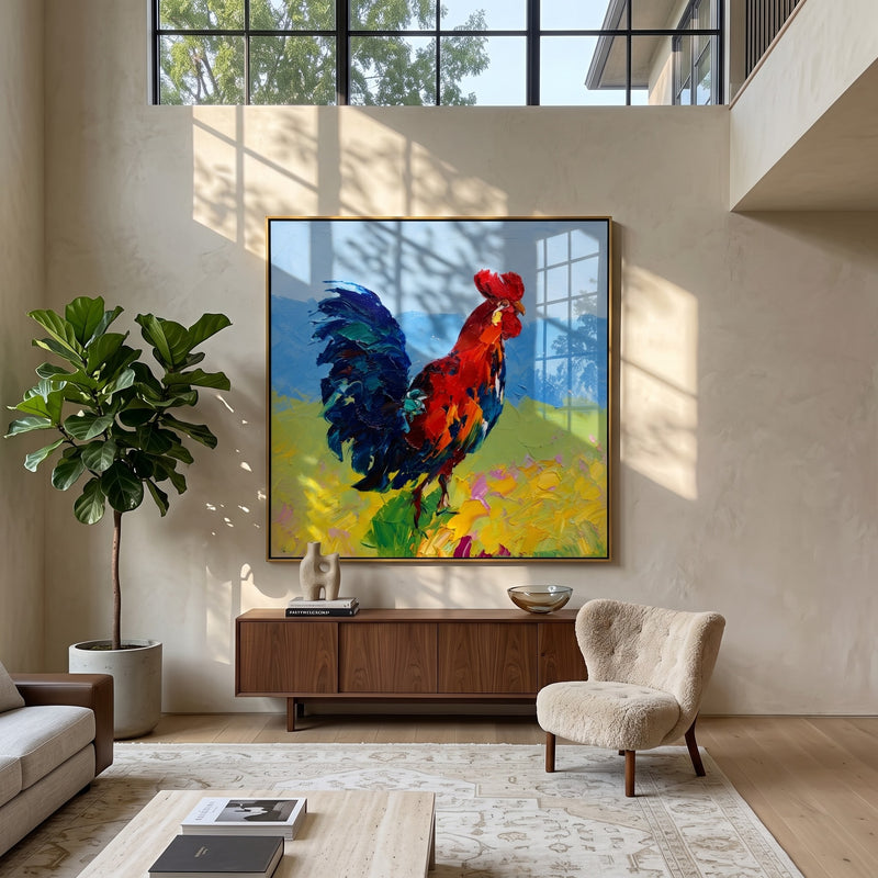 "Red Rooster" - Colorful Rooster Painting | Red Blue Yellow Vertical Animal Wall Art