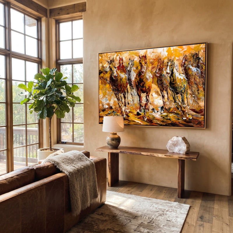 "Golden Gallop" - Colorful Impasto Horse Herd Painting | Brown Gold & White Equestrian Wall Art