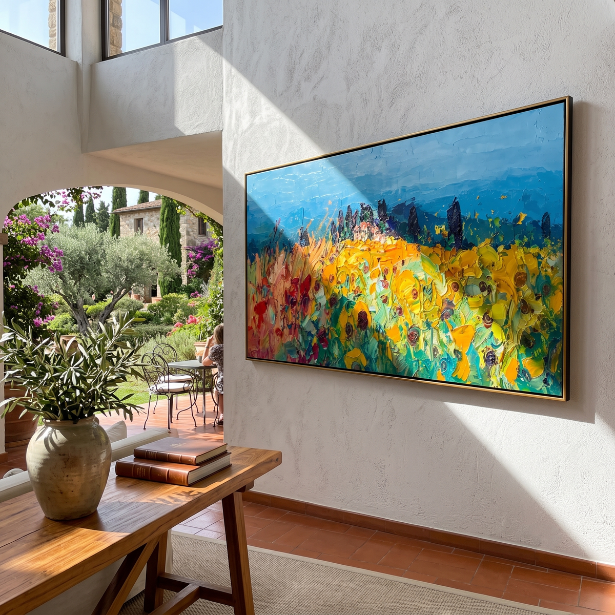 "Meadow Rhapsody" - Colorful Impasto Flower Field Landscape | Blue Sky & Yellow Bloom Wall Art