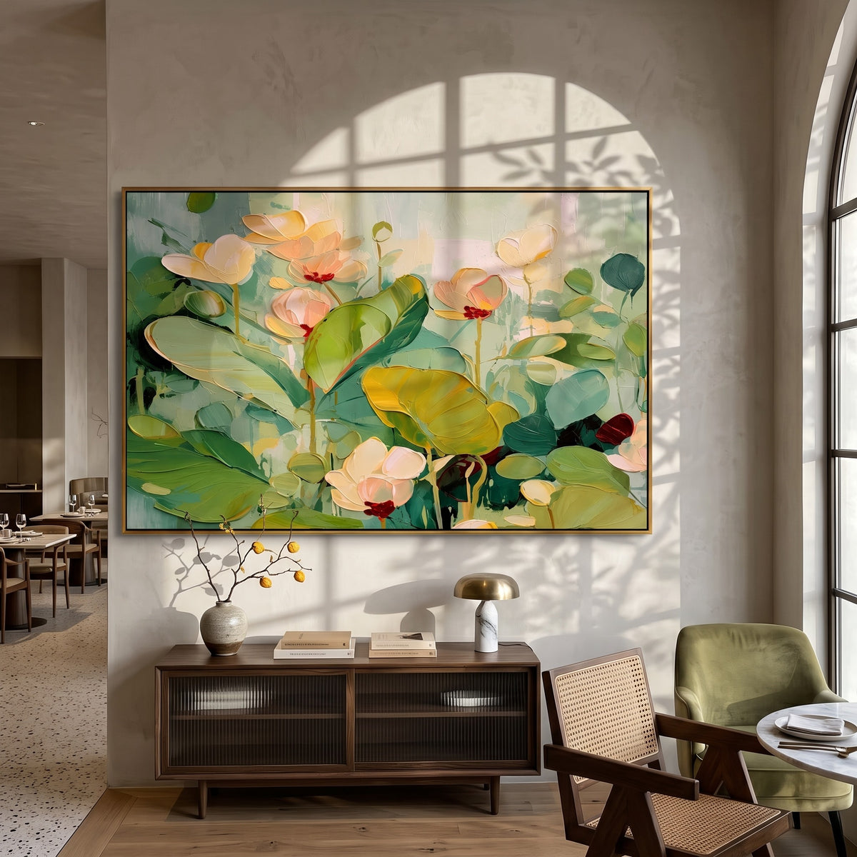 "Lotus Morning" - Soft Floral Water Lily Painting | Green White & Pink Botanical Wall Art