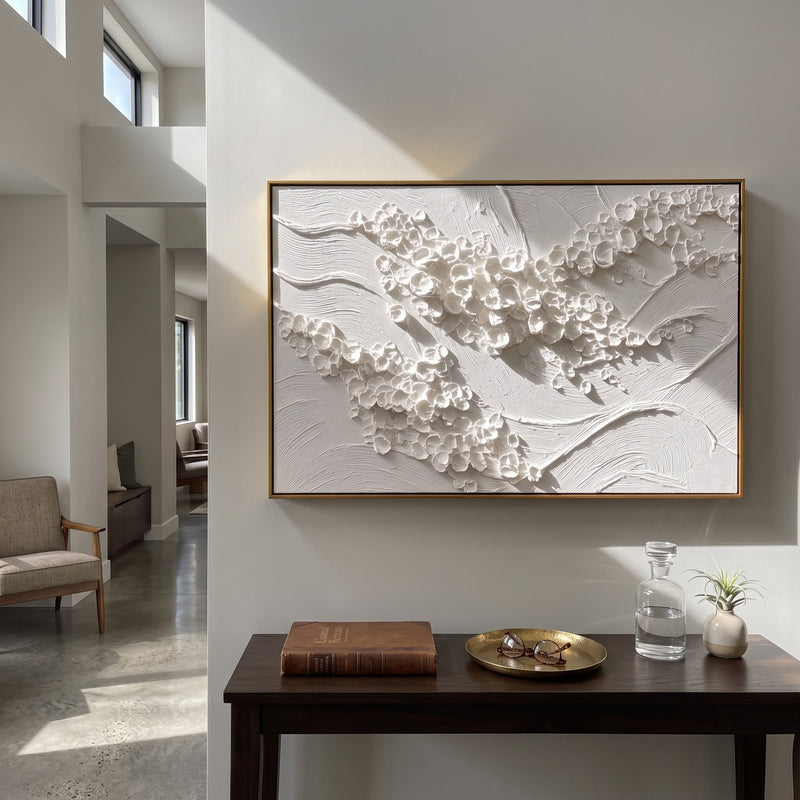 "Ivory Branches" - 3D White Botanical Relief | White Beige Grey Horizontal Wabi-Sabi Textured Art