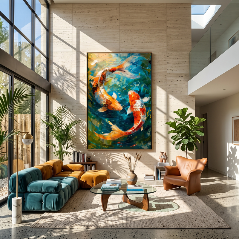 "Koi Reverie" - Blue Green Koi Pond Painting | Blue Green Orange Vertical Animal Wall Art