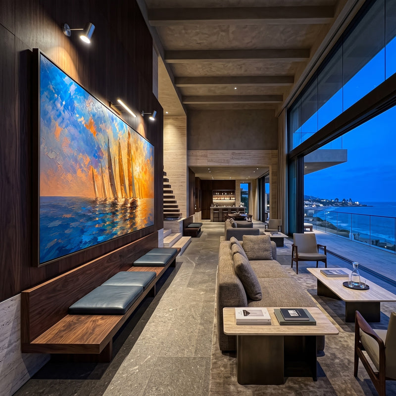 "Fire on the Water" - Sunset Regatta Impasto Painting | Blue Orange Yellow Horizontal Coastal Wall Art