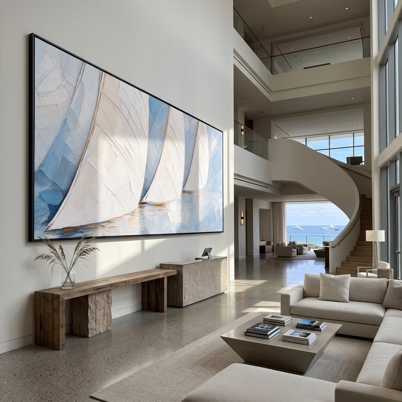 "White Regatta" - Minimalist White Sailboat Painting | White Blue Grey Horizontal Coastal Wall Art