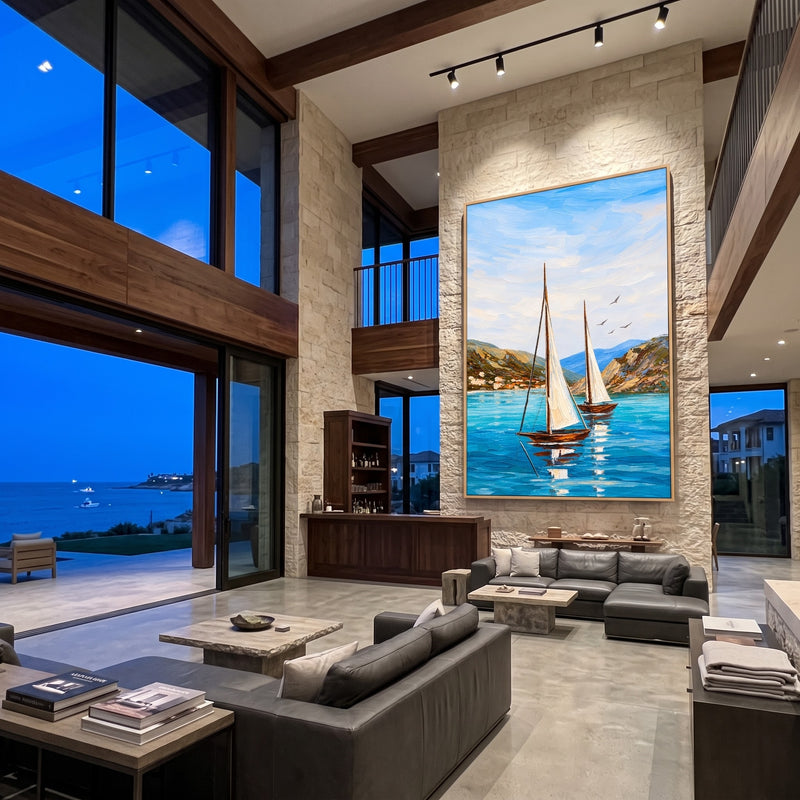 "Bay of Sails" - Turquoise Coastal Sailboat Painting | Blue Green Brown Vertical Coastal Wall Art
