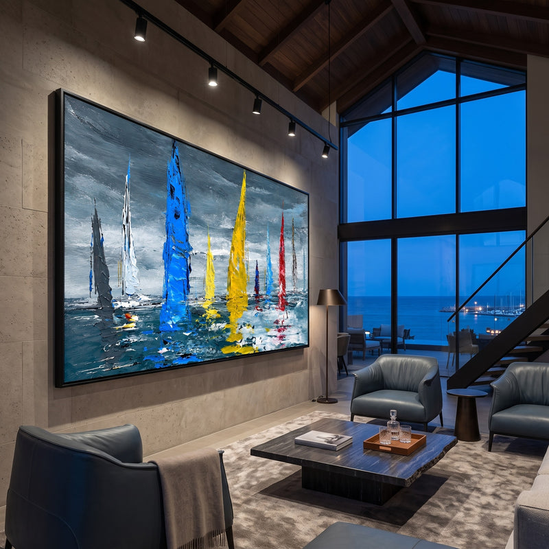 "Chromatic Sails" - Colorful Regatta Impasto Painting | Blue Yellow Red Horizontal Coastal Wall Art