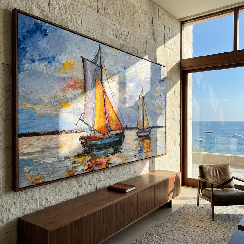 "Ember Reflections" - Orange Sailboat Regatta Painting | Blue Orange Gold Horizontal Coastal Wall Art